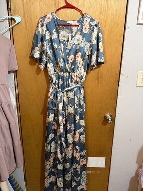 Baltic Born Blue Floral Wrap Maxi Dress with Blush Accents